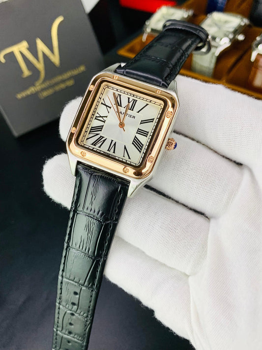 Cartier Santos Black Strap Copper Ring Silver Case