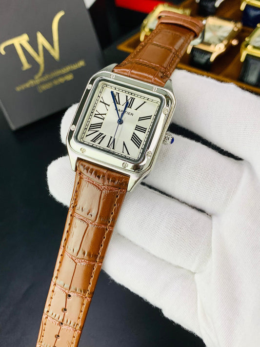 Cartier Santos Brown Strap White Dial