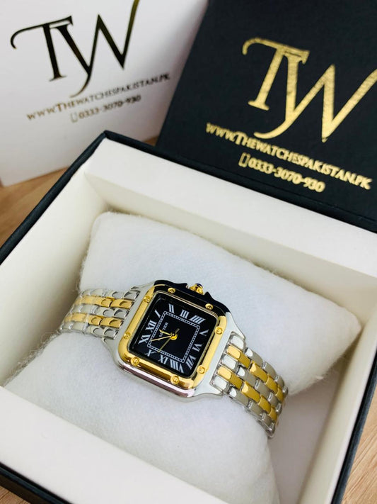 Cartier Square Mini Dial Watch Two Tone Black Dial