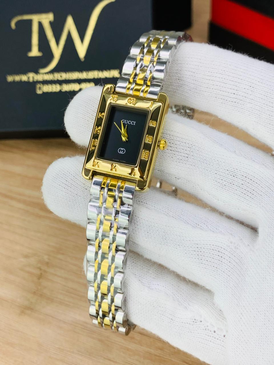 Square Slim Watch Two Tone Black Dial