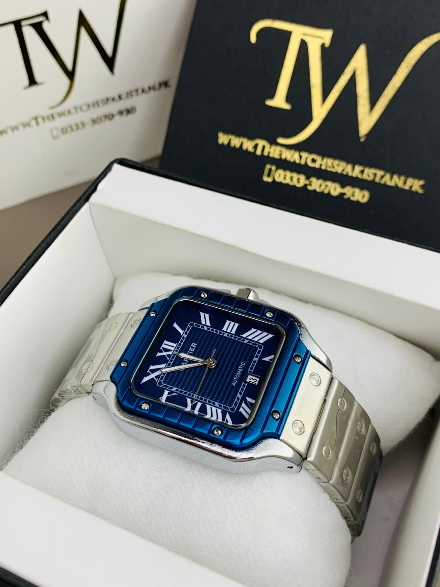 Square Dial Watch Silver With Blue