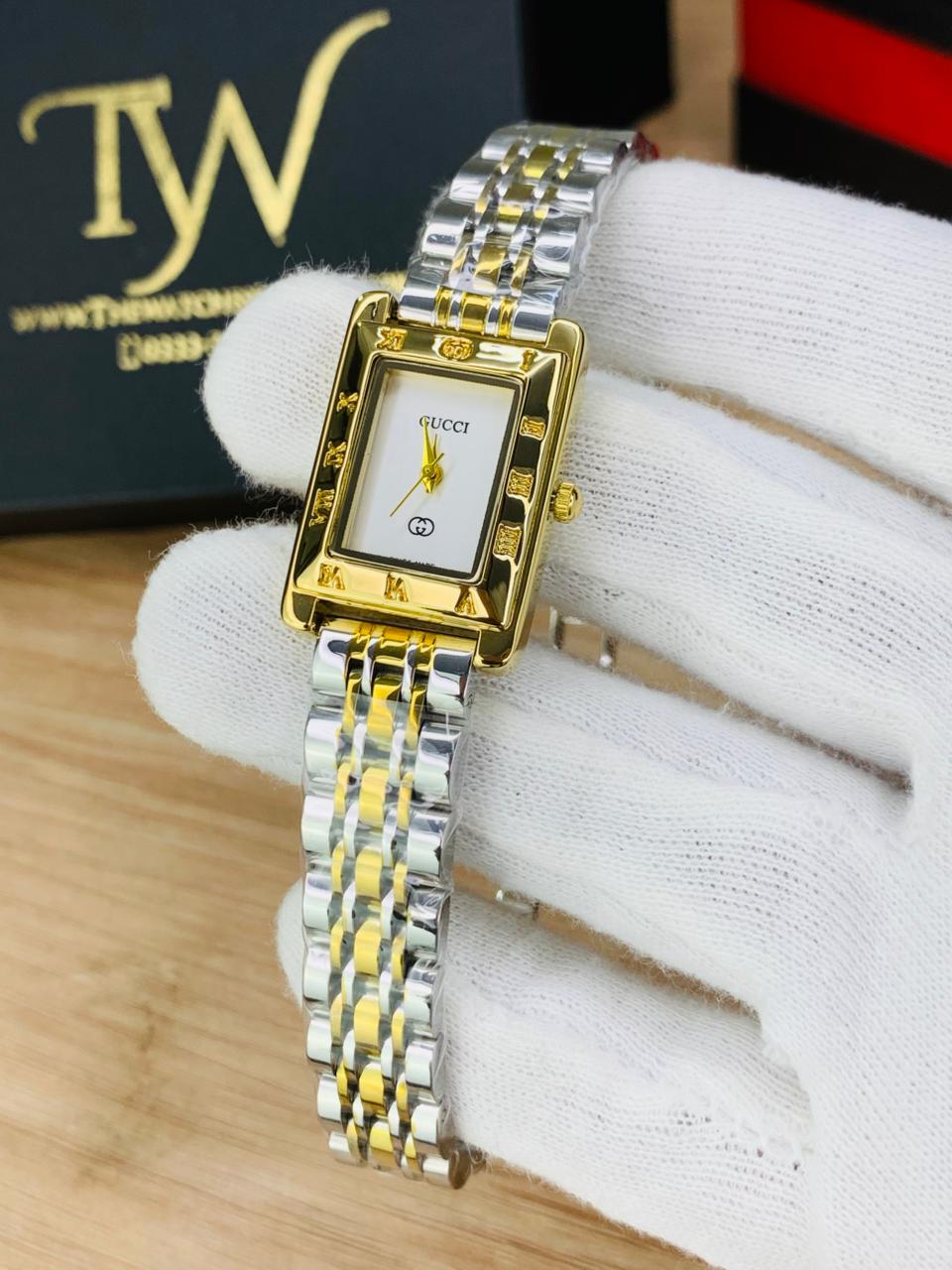Square Slim Watch Two Tone White Dial