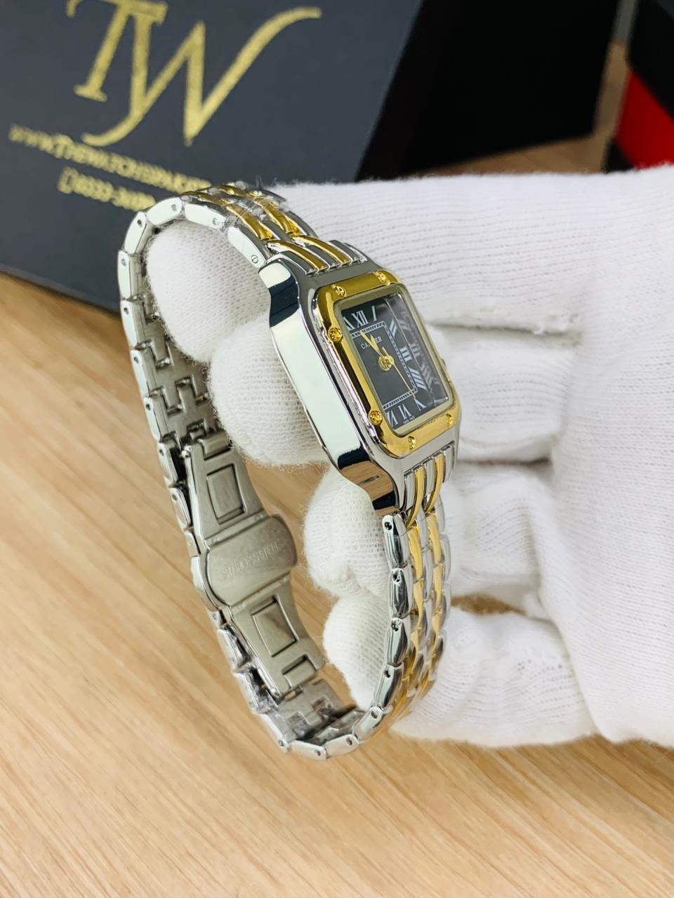 Cartier Square Mini Dial Watch Two Tone Black Dial