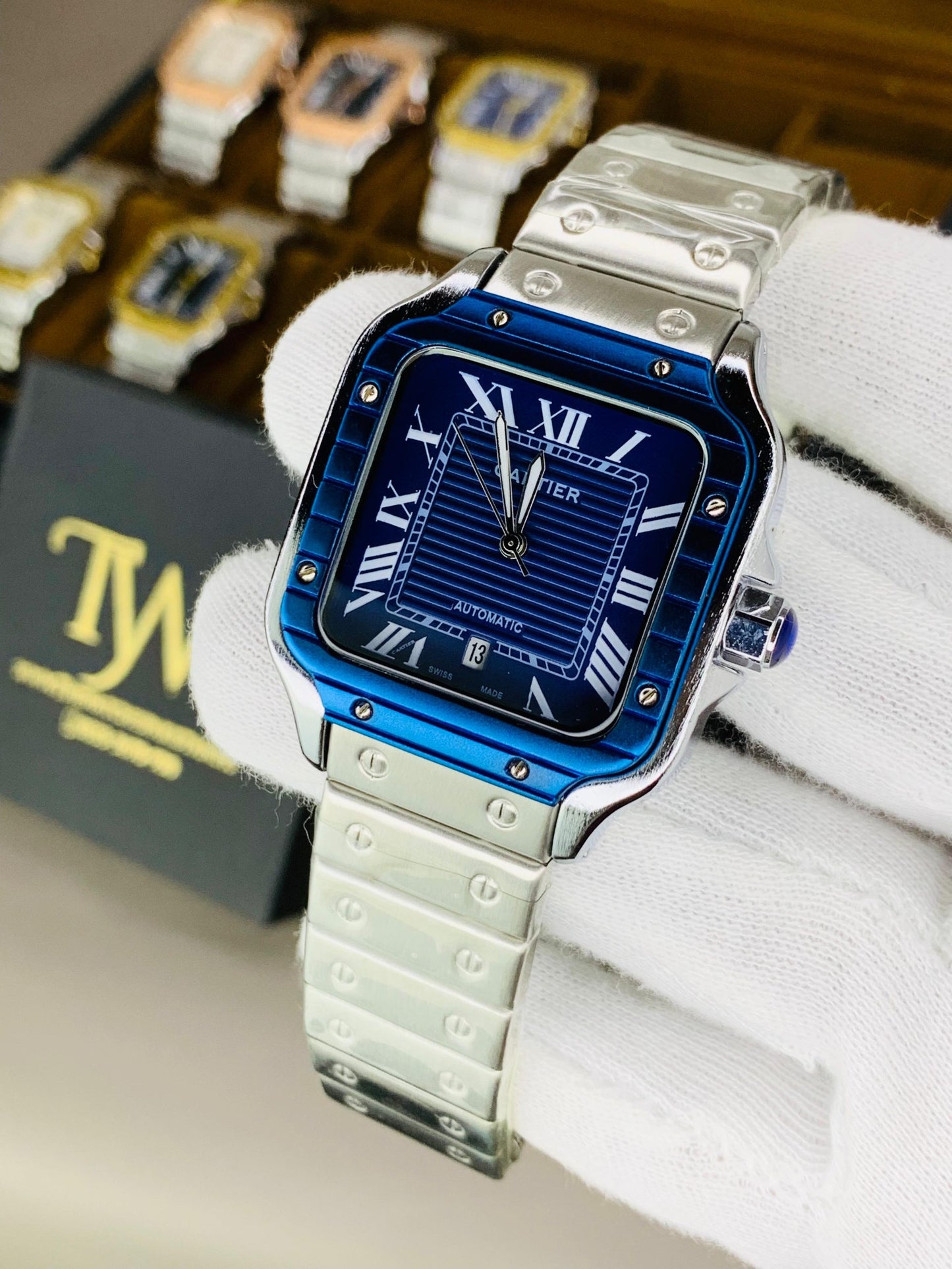 Square Dial Watch Silver With Blue