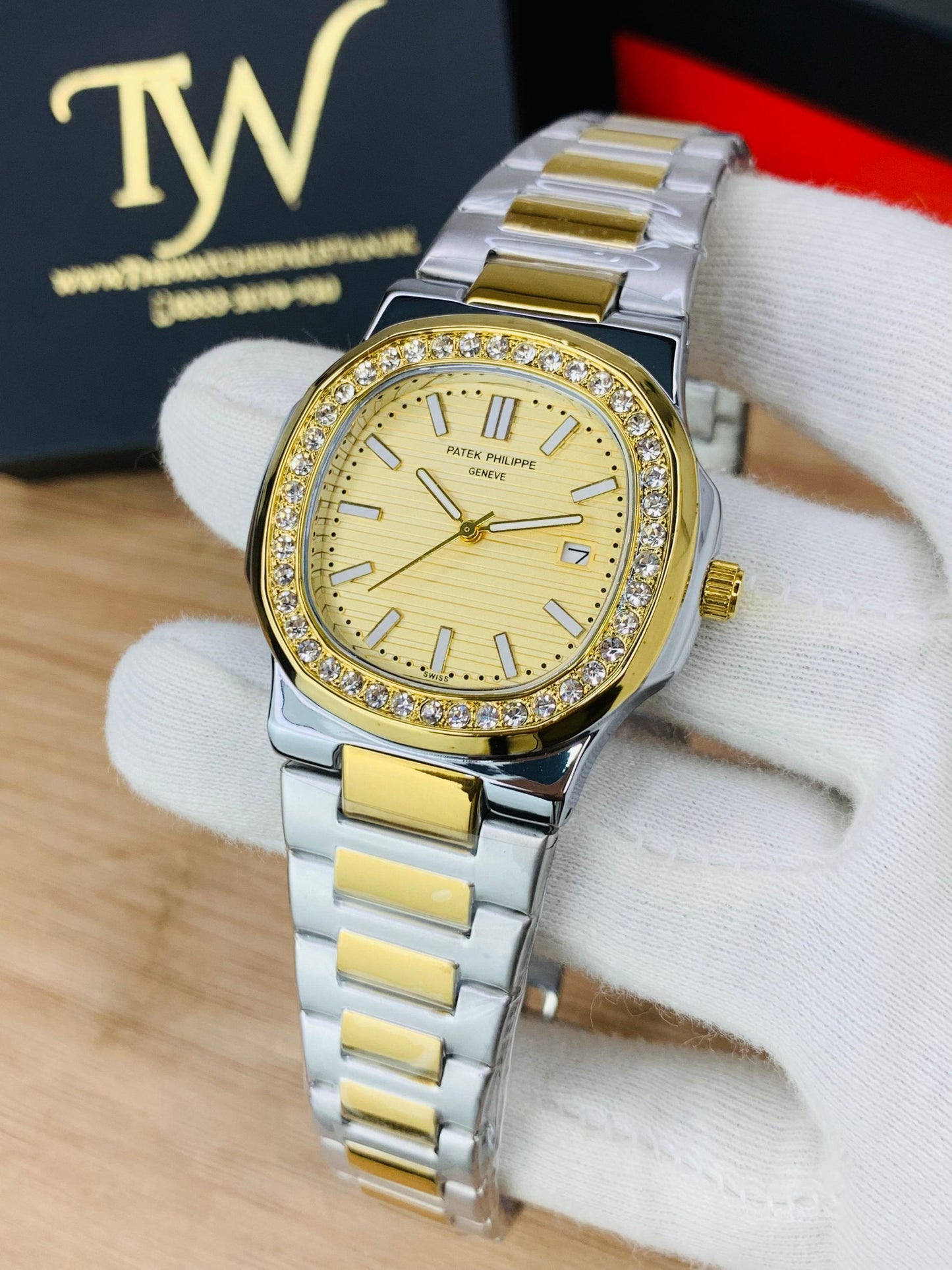 PP-Slim Case Stone Dial Two Tone Golden Dial