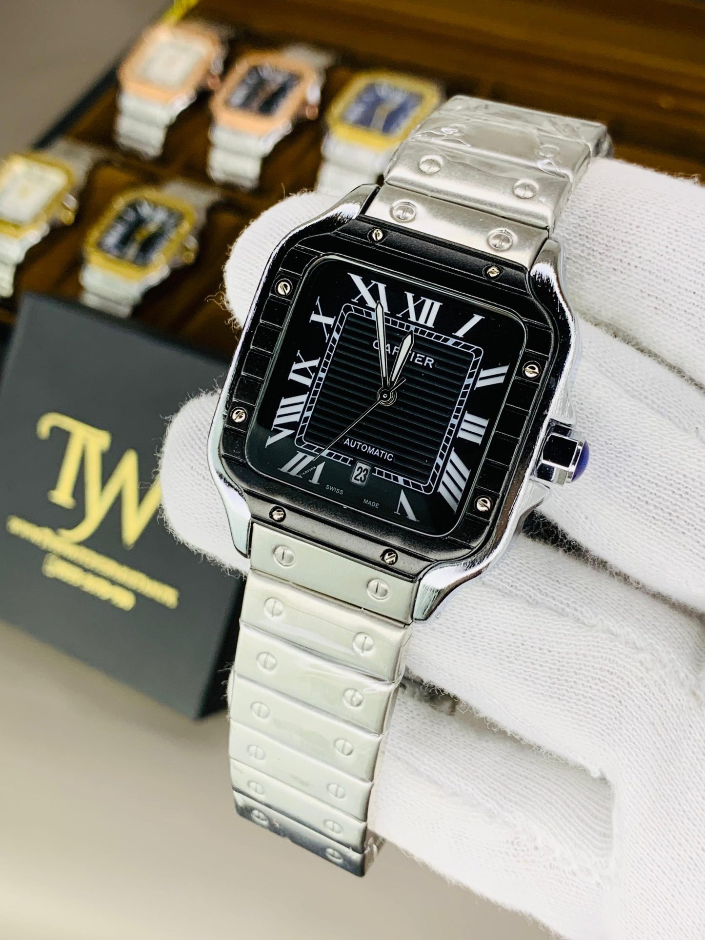 Square Dial Watch Black Case Black Dial