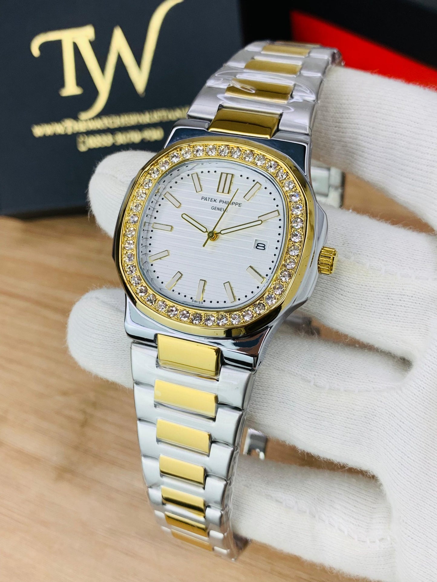 PP-Slim Case Stone Dial Two Tone White Dial