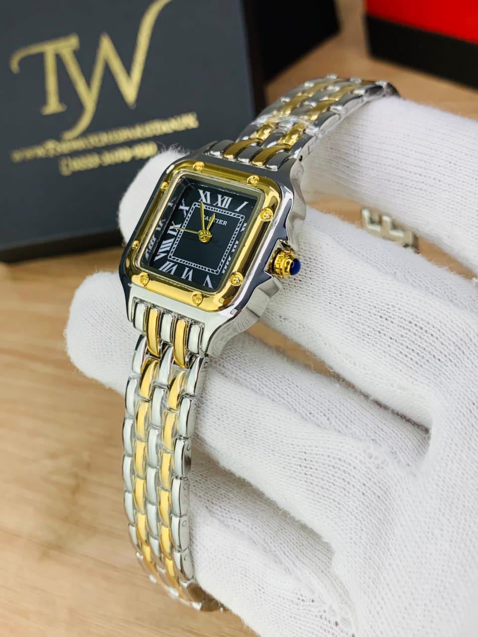 Cartier Square Mini Dial Watch Two Tone Black Dial