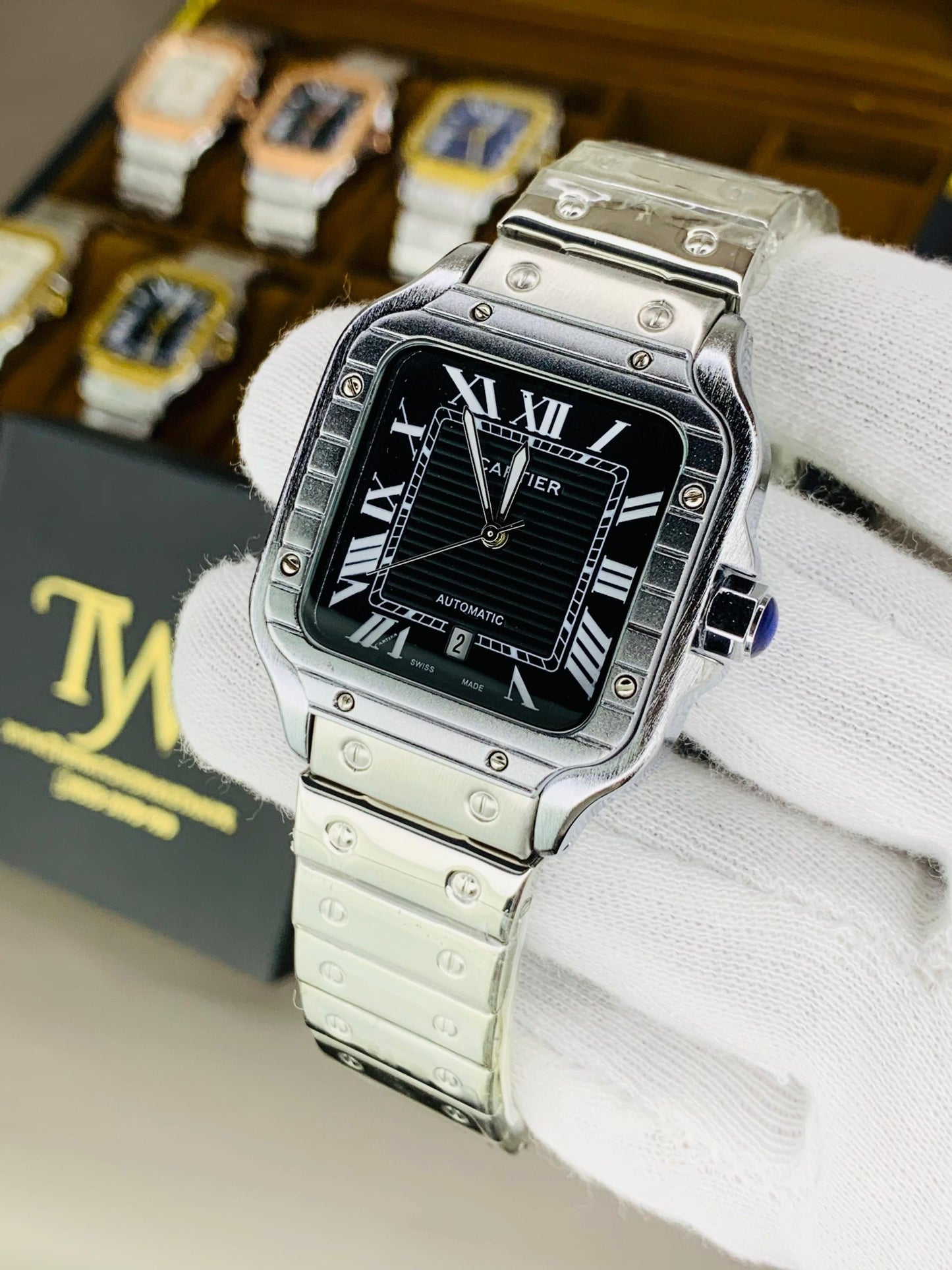 Square Dial Watch Full Silver Black Dial