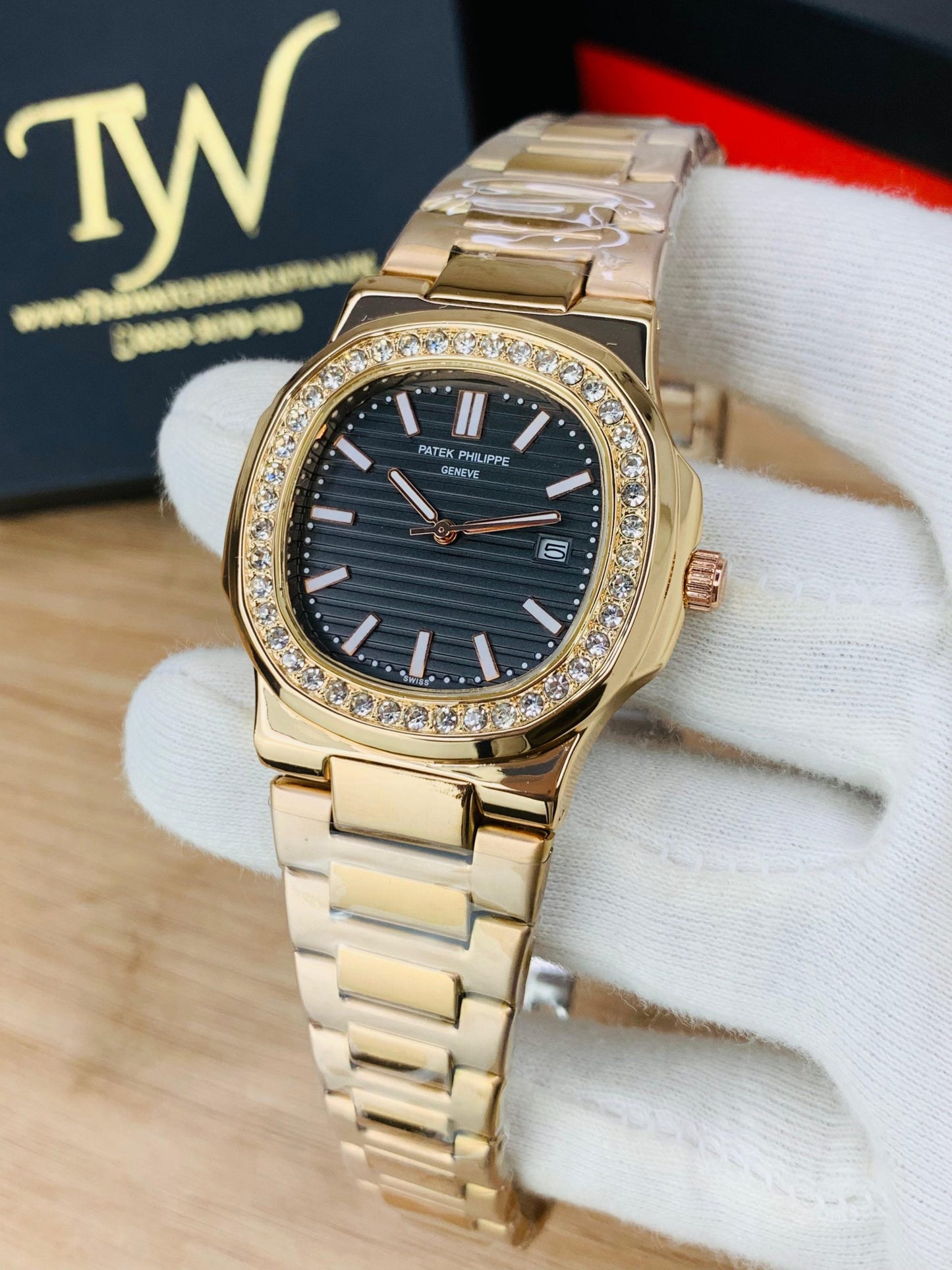 PP-Slim Case Stone Dial Rose Gold Black Dial