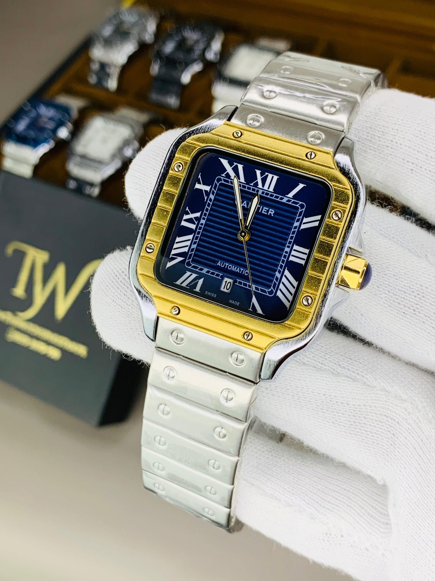 Square Dial Watch Silver Golden Case Blue Dial