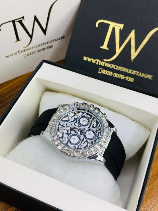 Silver Dial Black Strap Tiger Print Dial !