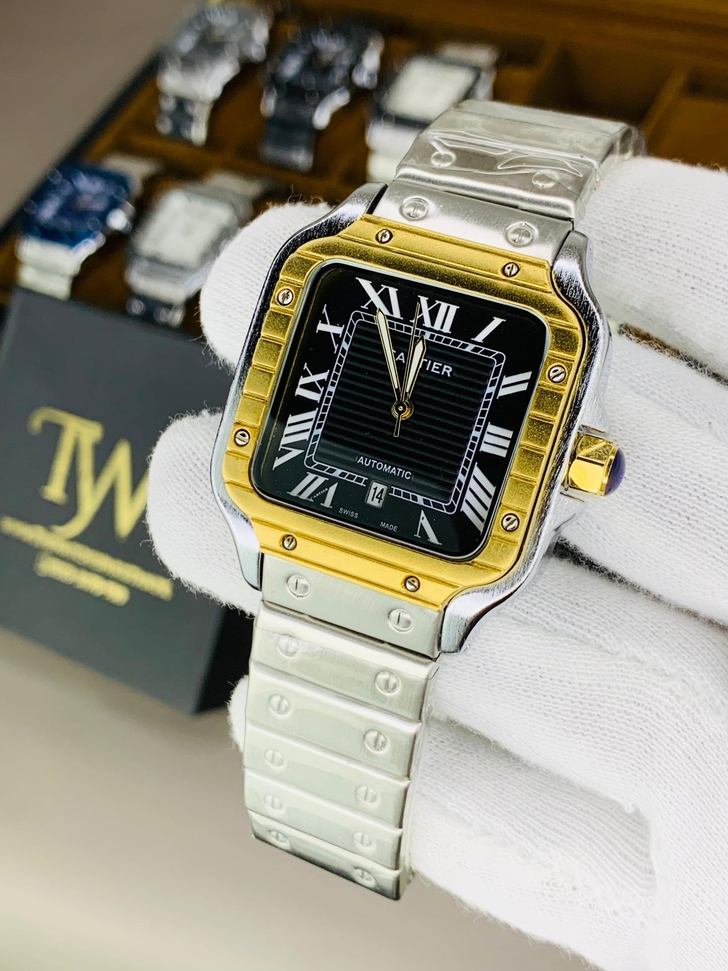Square Dial Watch Golden Case Black Dial