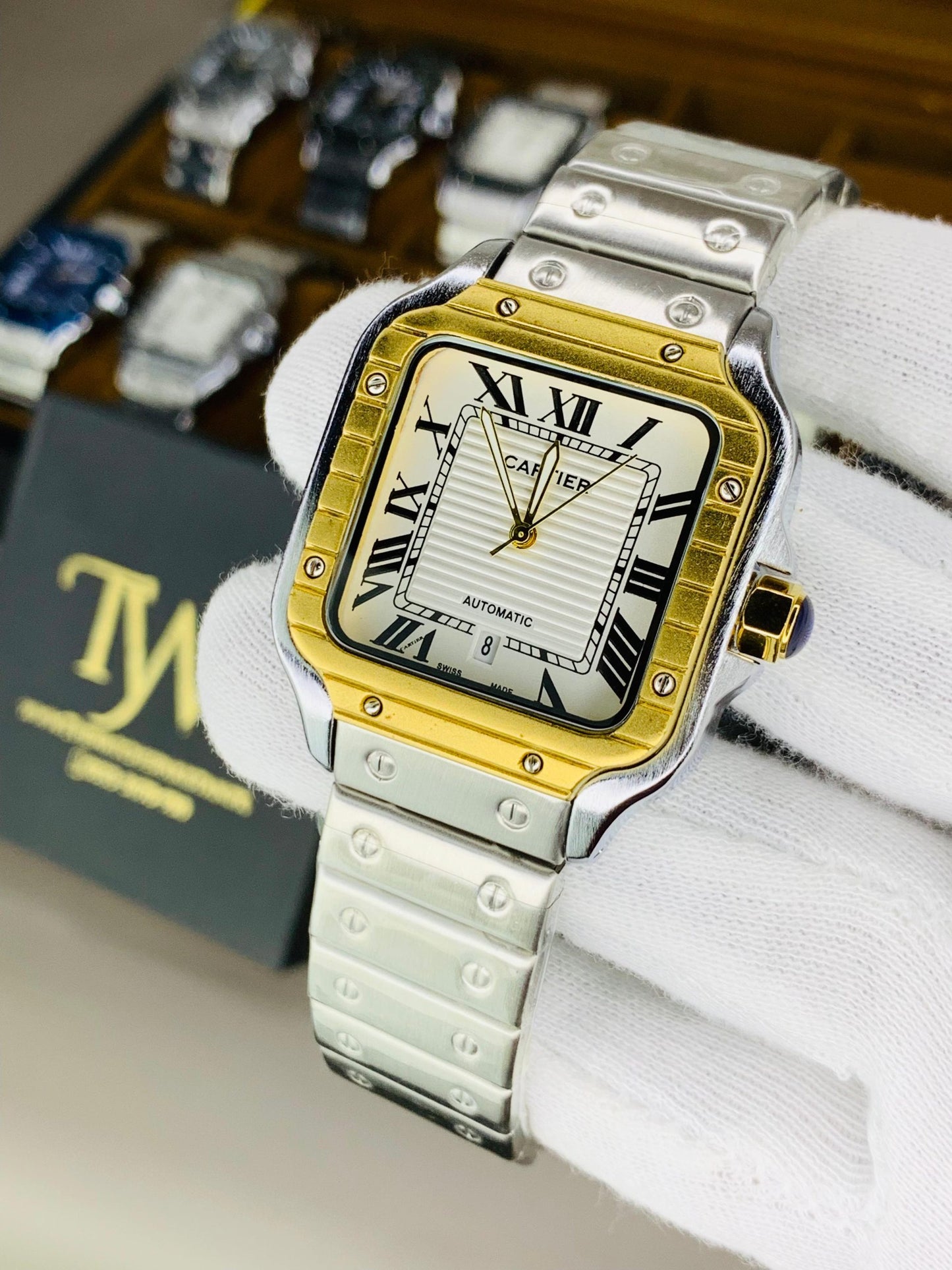 Square Dial Watch Silver Golden Case