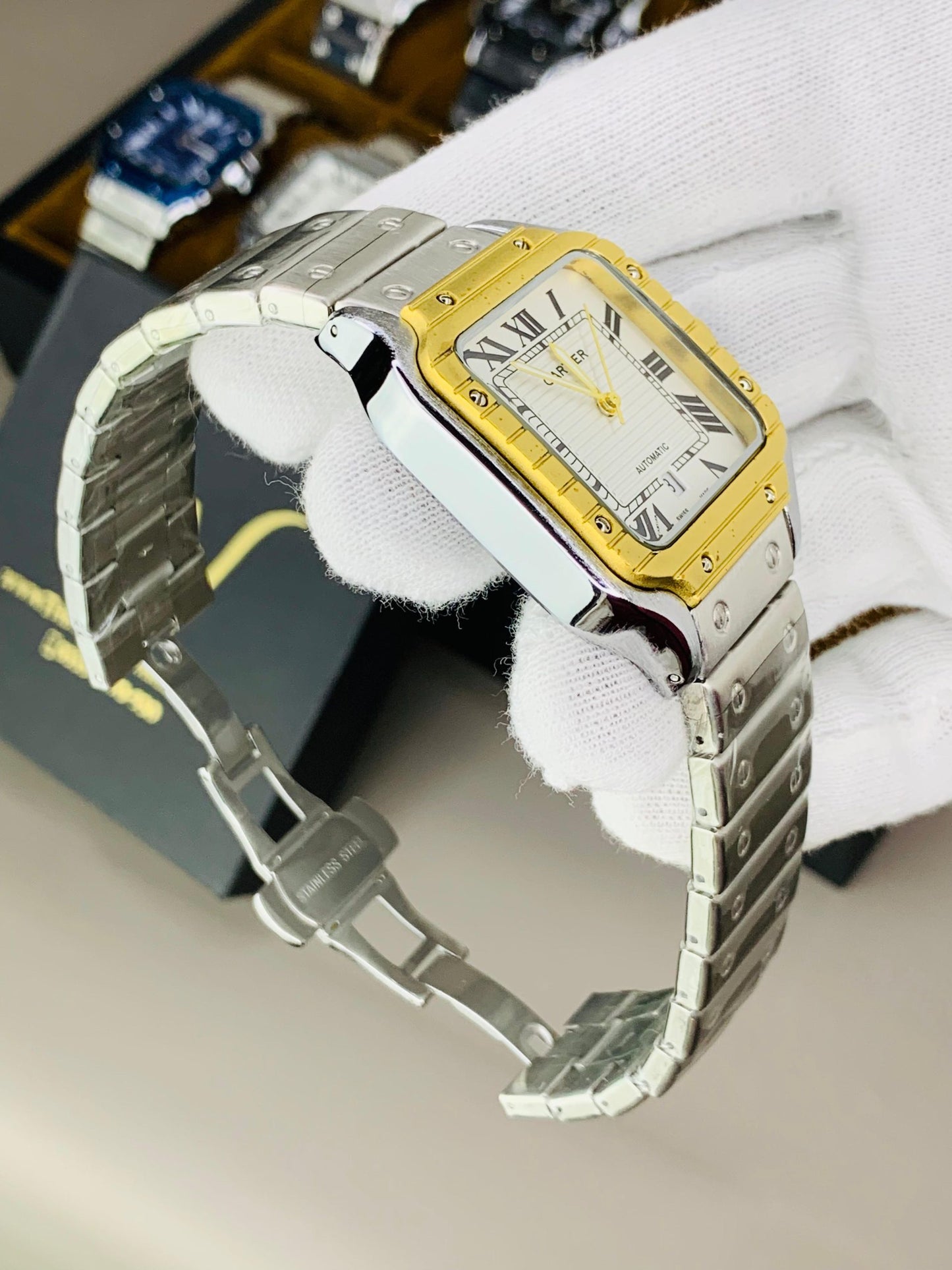 Square Dial Watch Silver Golden Case