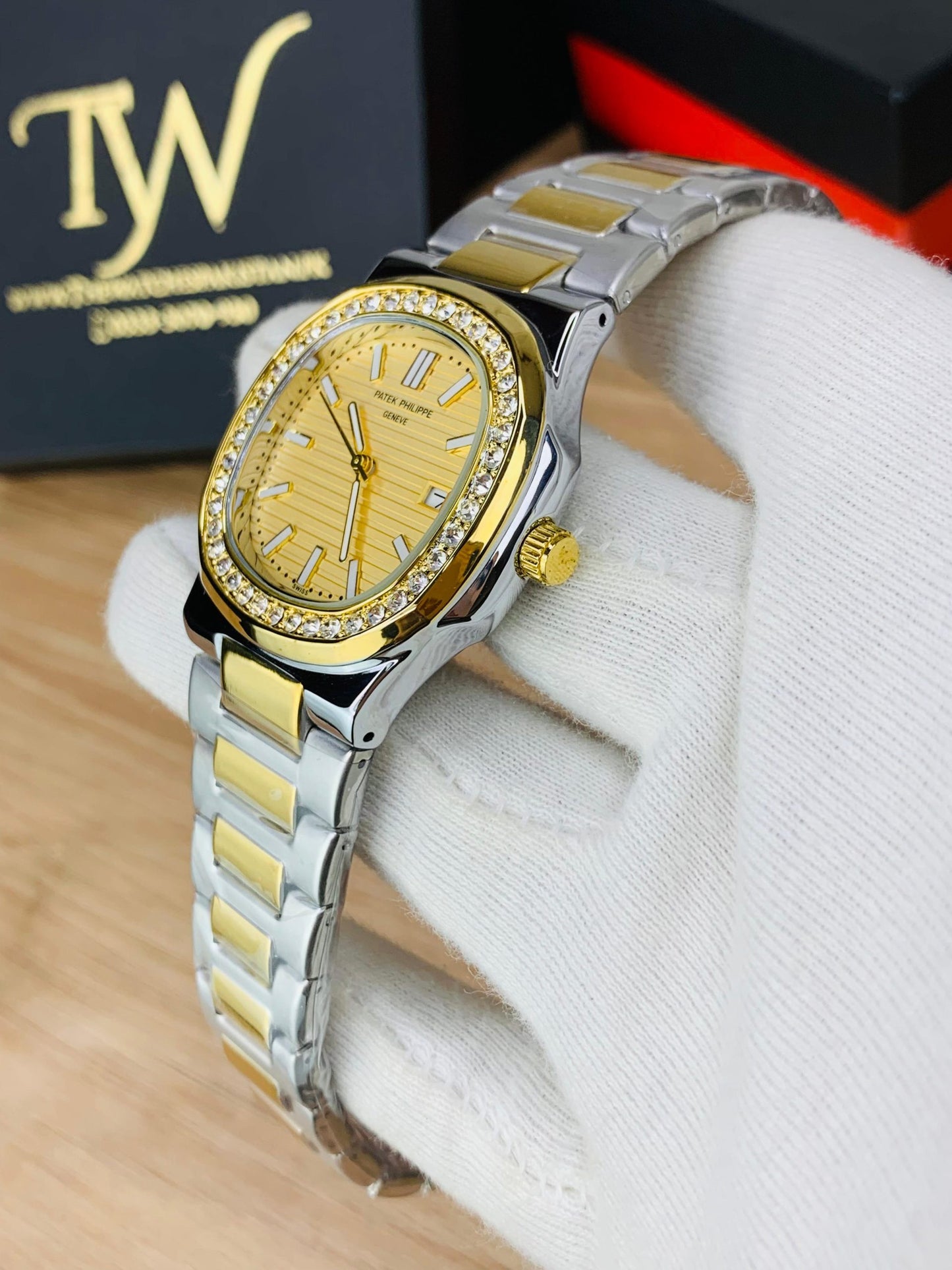 PP-Slim Case Stone Dial Two Tone Golden Dial