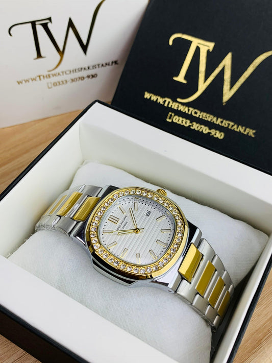 PP-Slim Case Stone Dial Two Tone White Dial