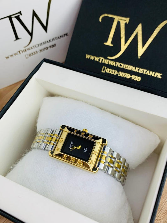 Square Slim Watch Two Tone Black Dial