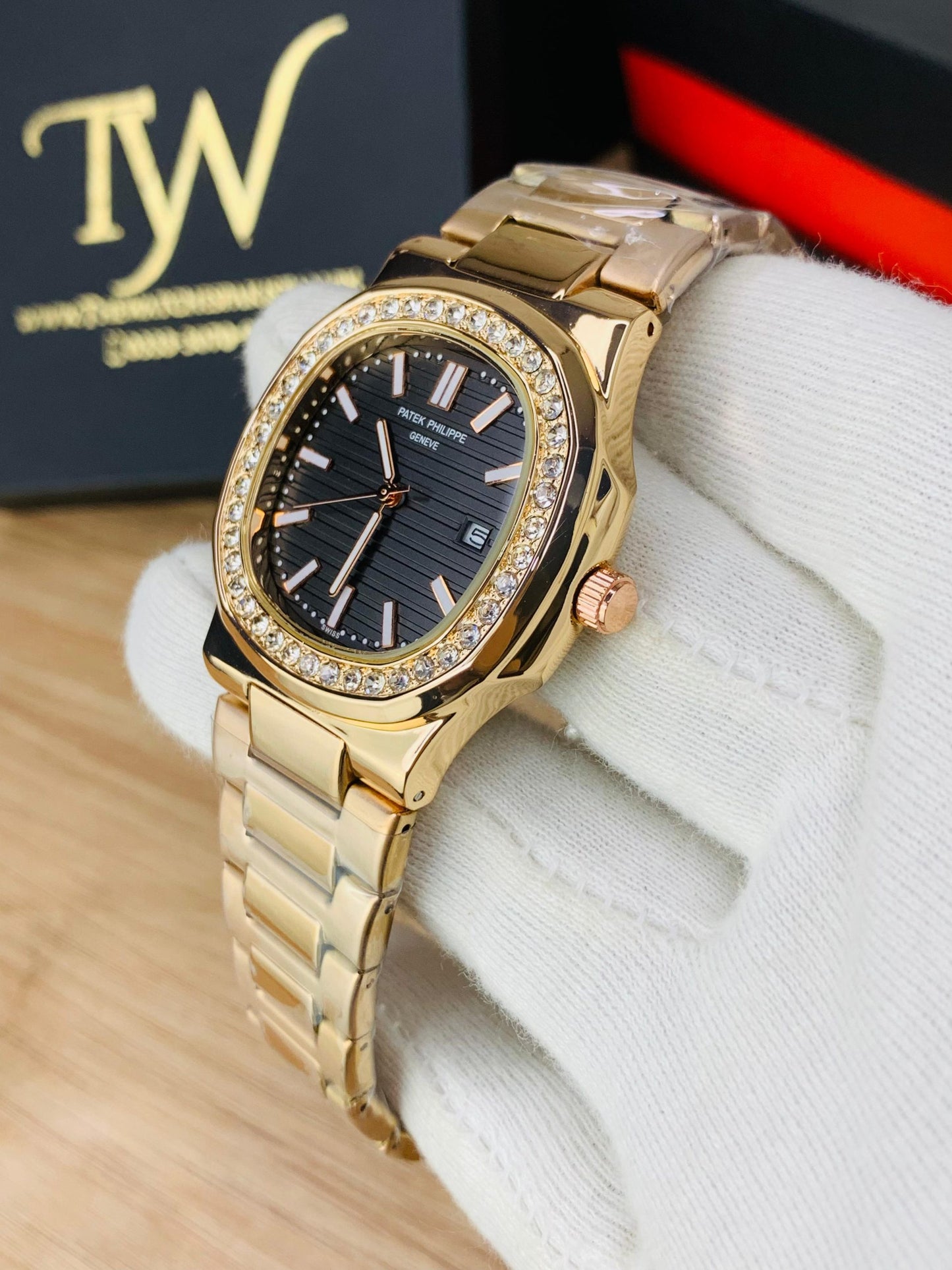 PP-Slim Case Stone Dial Rose Gold Black Dial