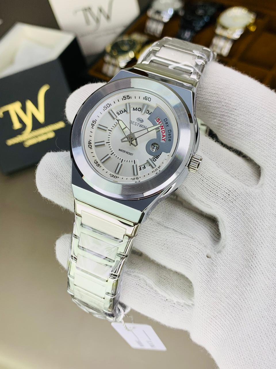 Day Date Bestwin Silver White Dial