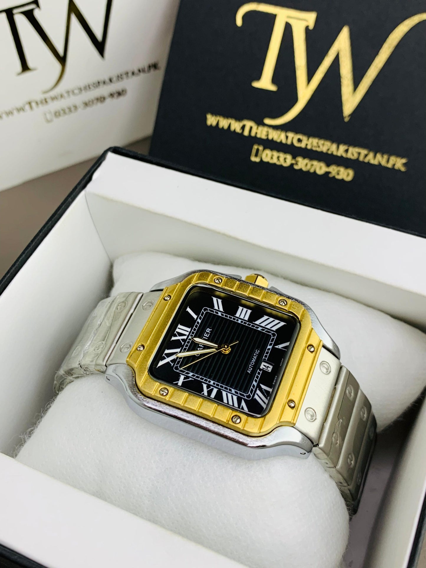 Square Dial Watch Golden Case Black Dial