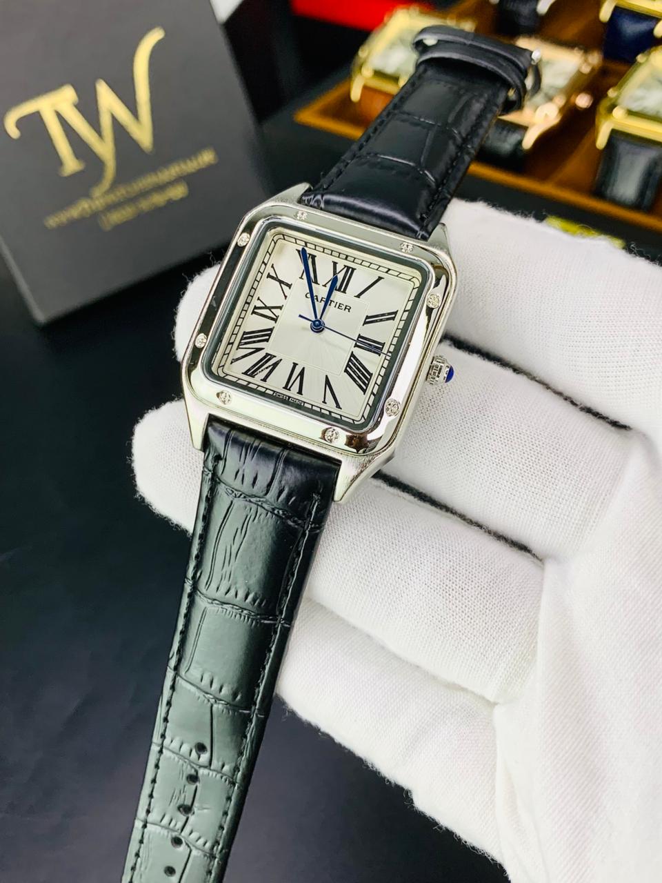 Cartier Santos Black Strap White Dial