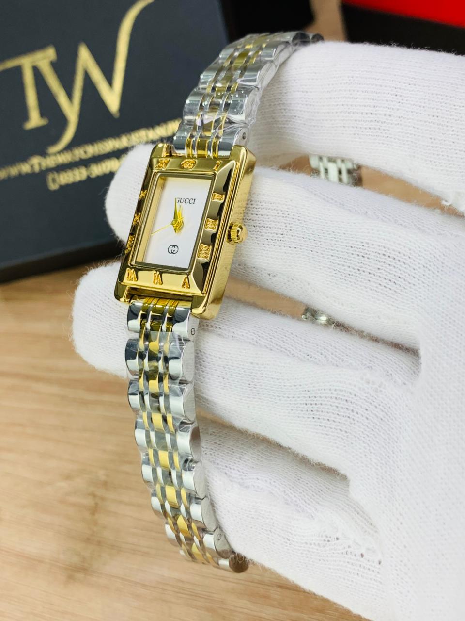 Square Slim Watch Two Tone White Dial