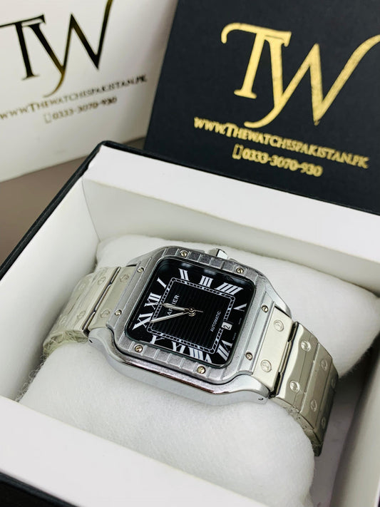 Square Dial Watch Full Silver Black Dial