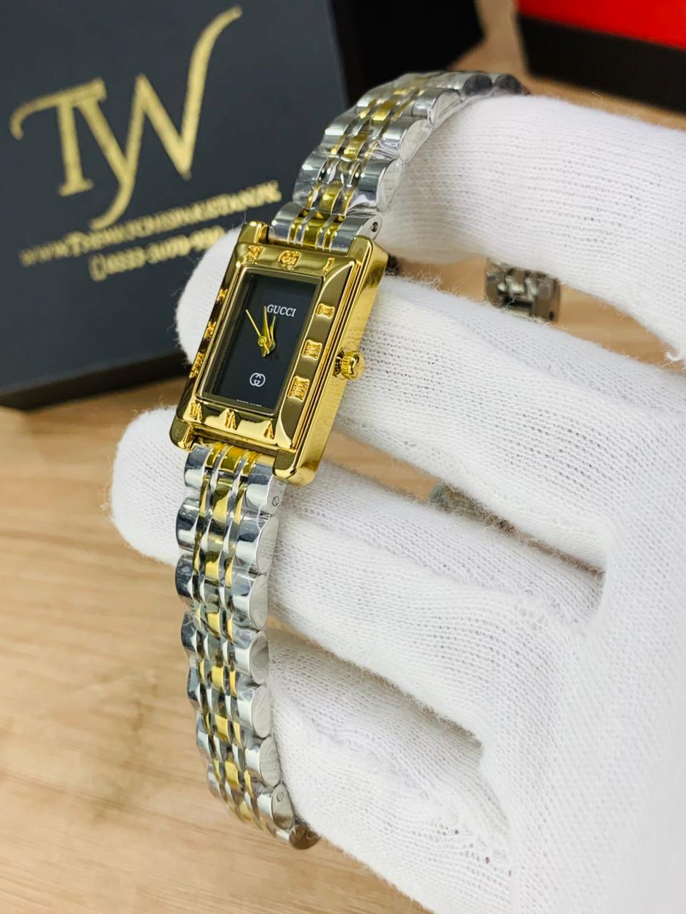 Square Slim Watch Two Tone Black Dial