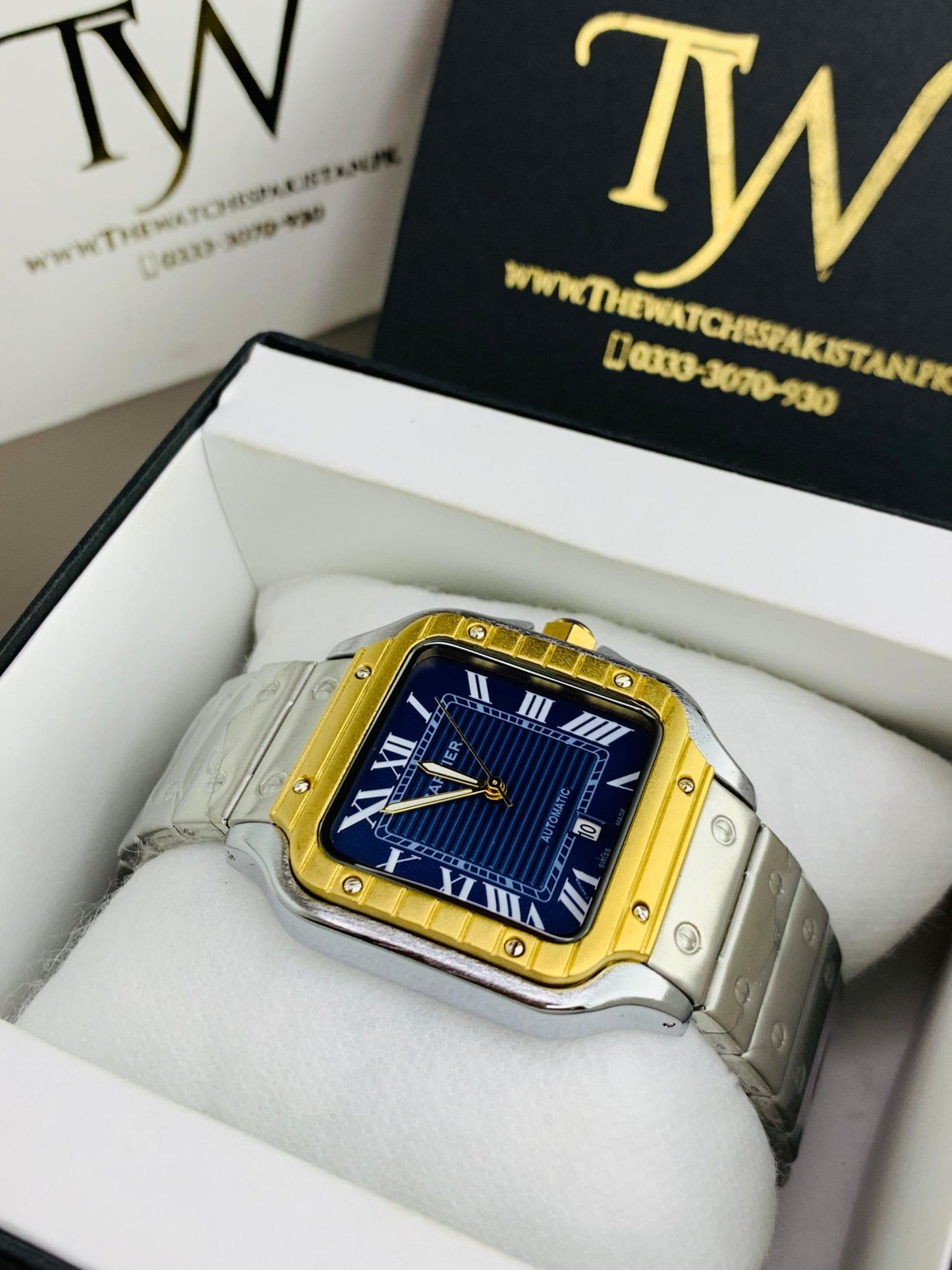 Square Dial Watch Silver Golden Case Blue Dial