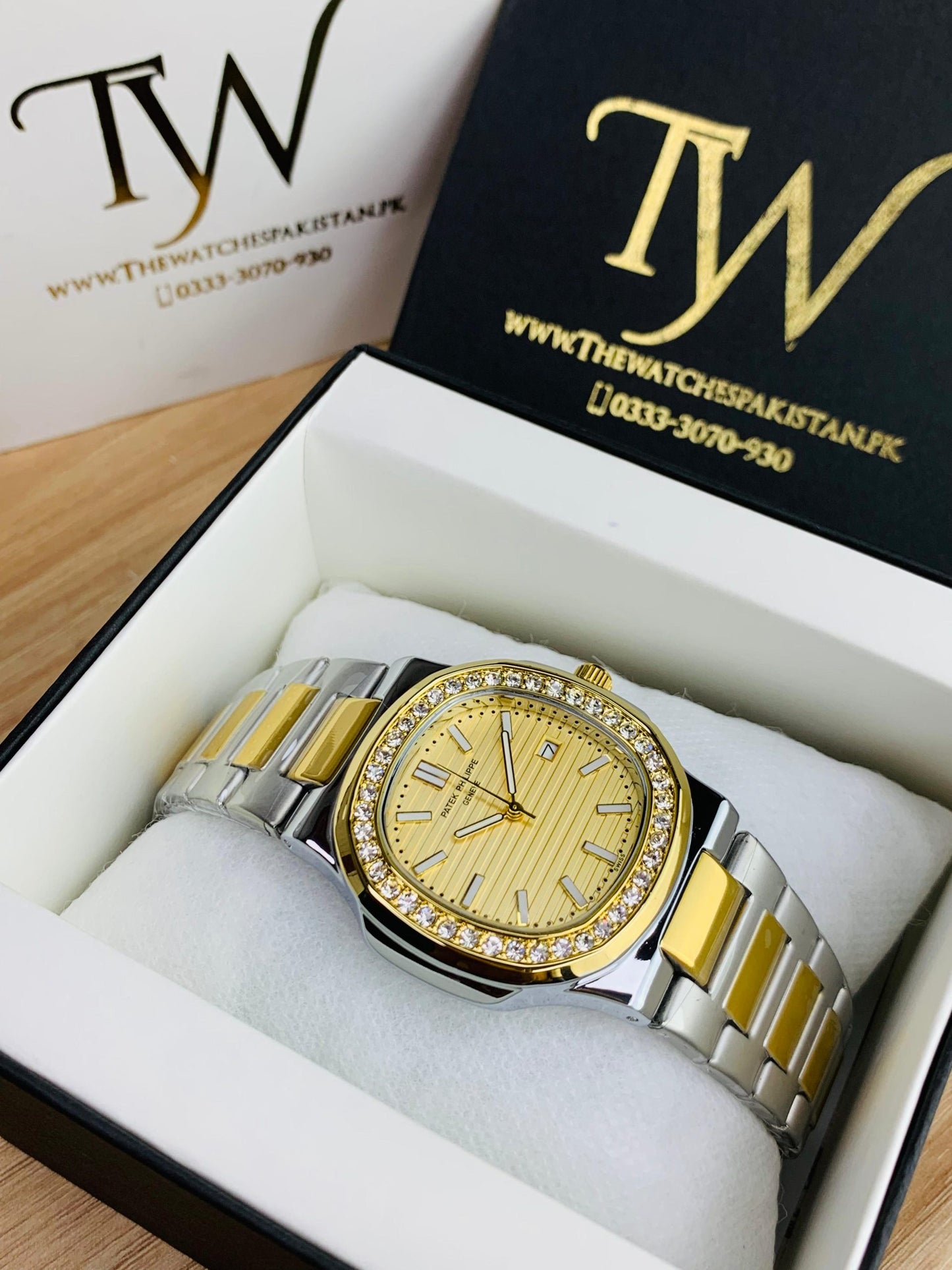 PP-Slim Case Stone Dial Two Tone Golden Dial