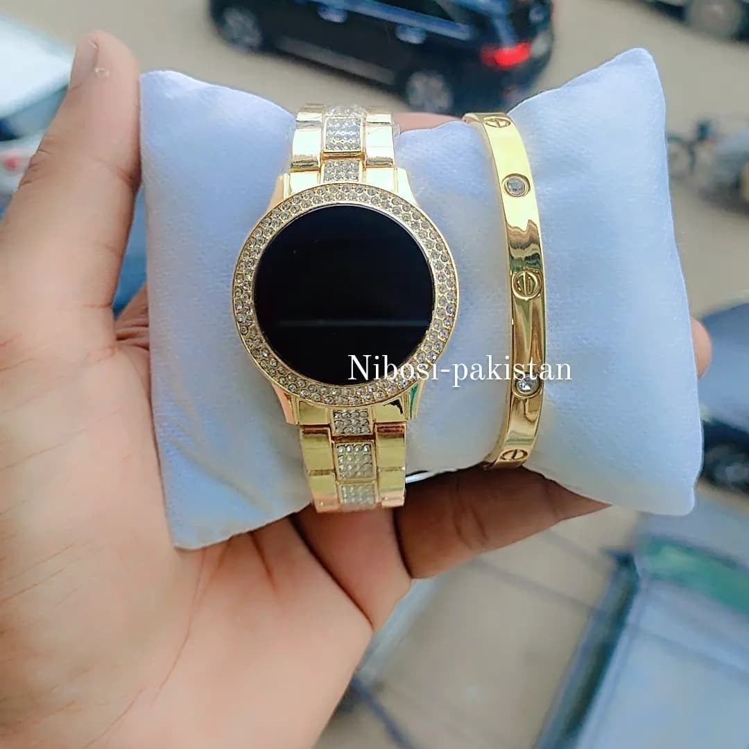 Watch With Bangle Golden Color