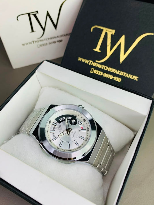 Day Date Bestwin Silver White Dial
