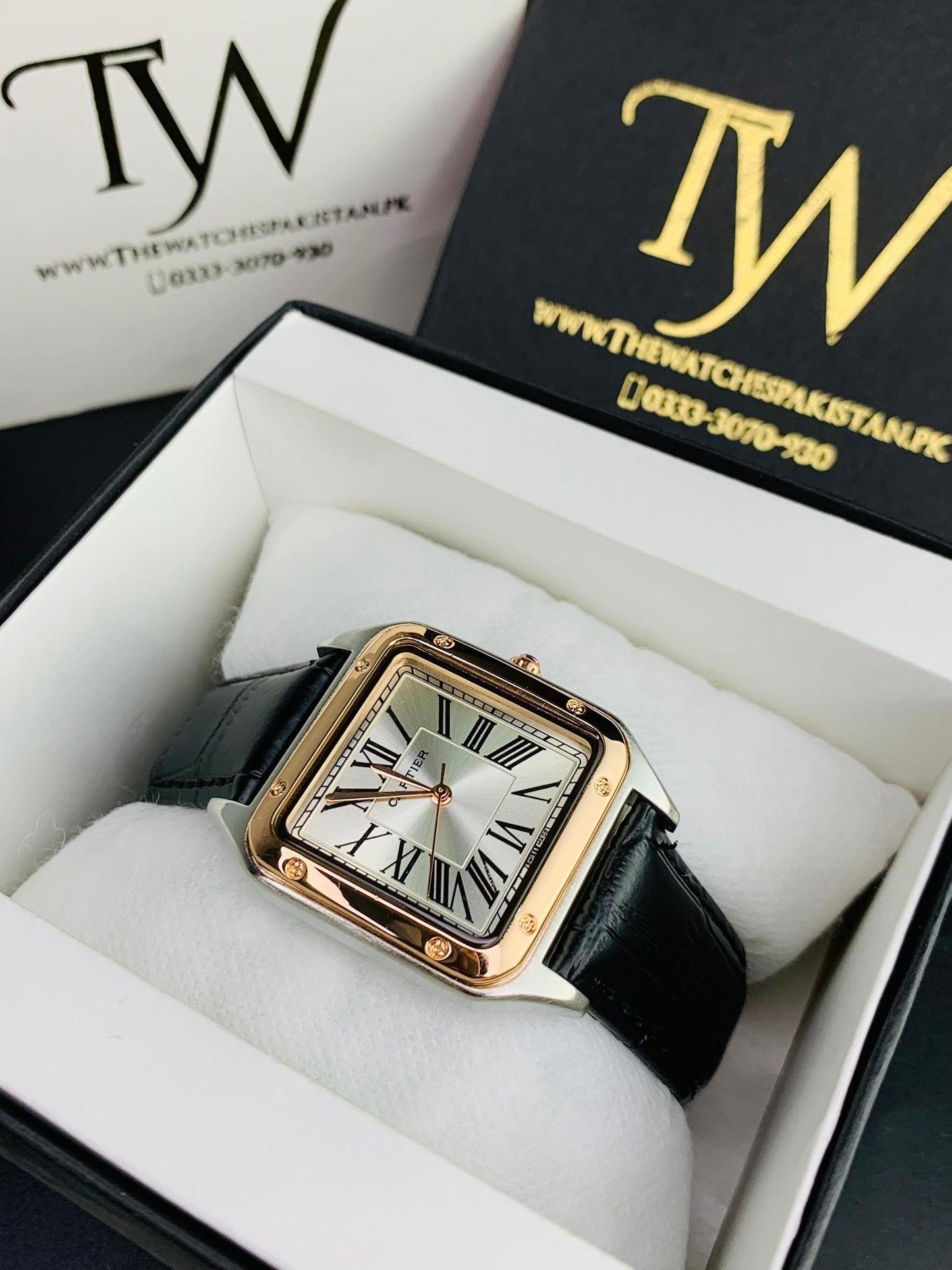 Cartier Santos Black Strap Copper Ring Silver Case