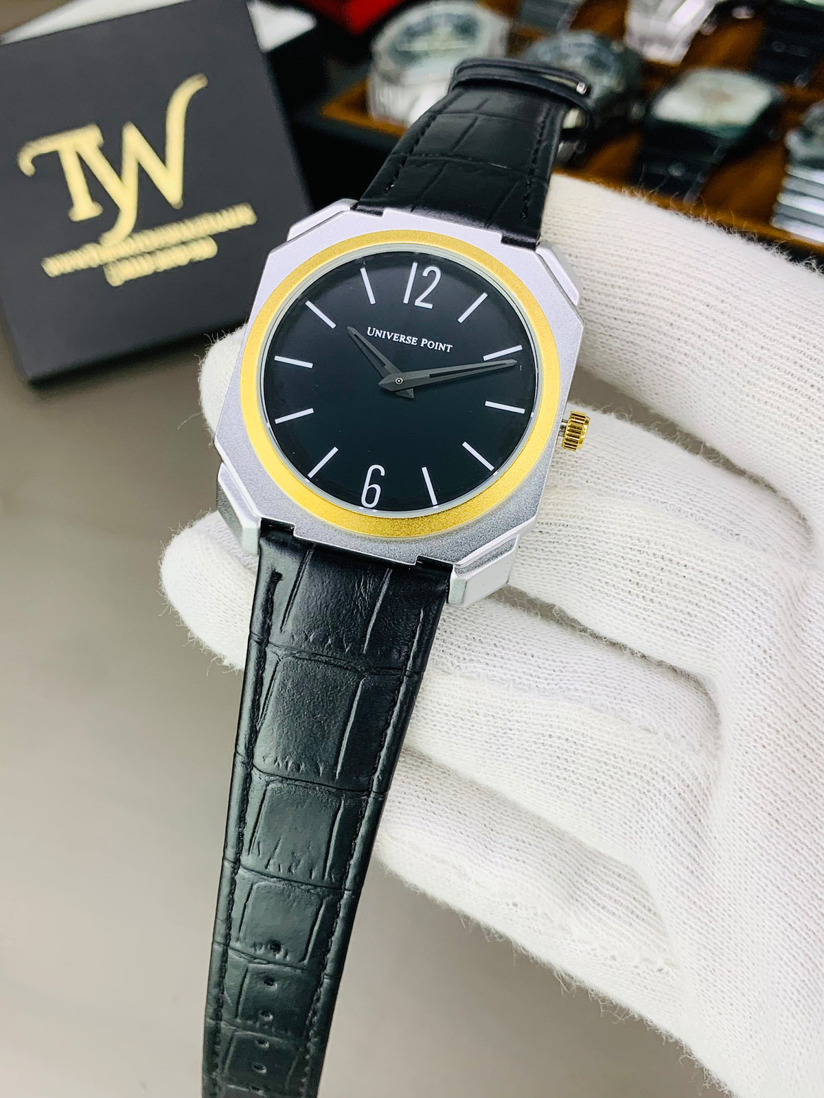 Silver Case Golden Ring Black Strap Watch