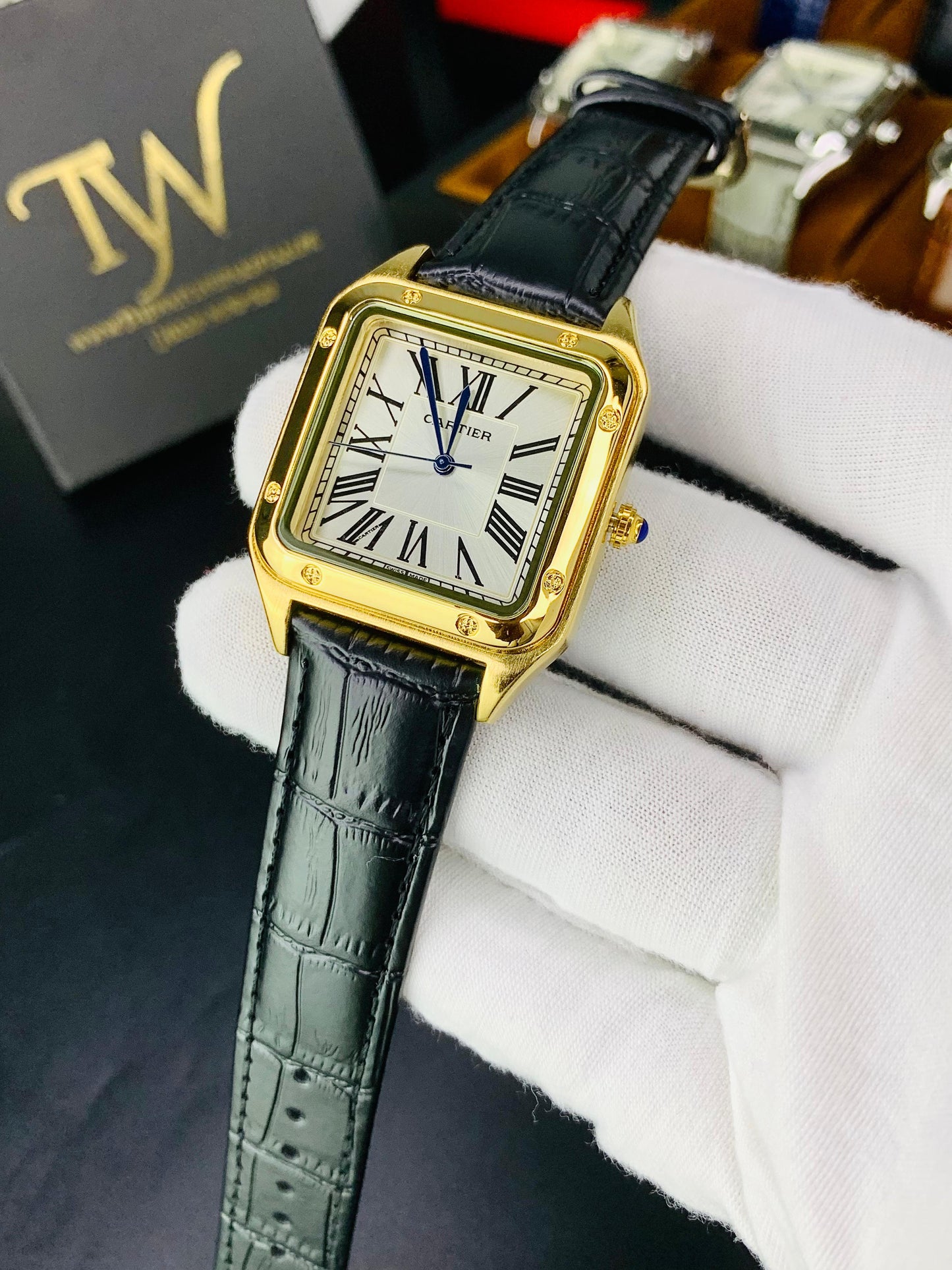 Cartier Santos Black Golden White Dial
