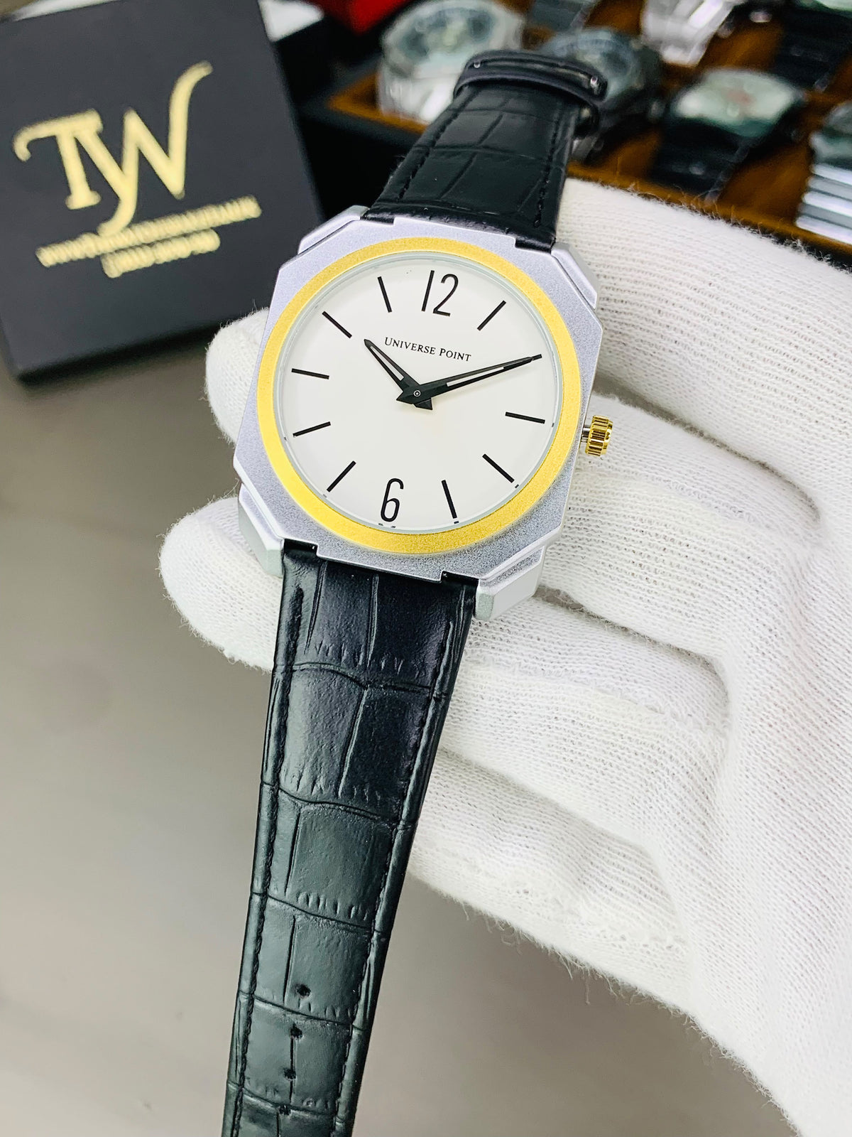 Black Strap Golden Ring White Dial