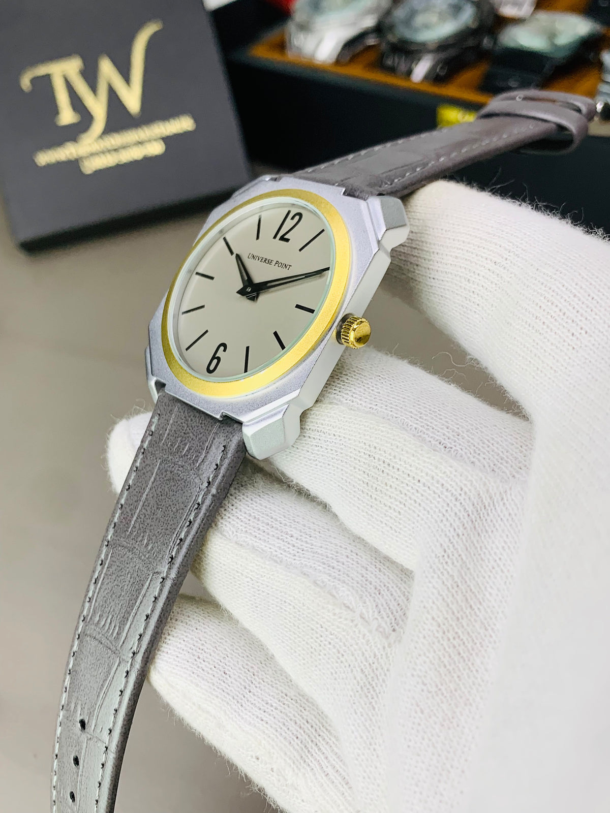 Silver Case Golden Ring Grey Dial & Strap