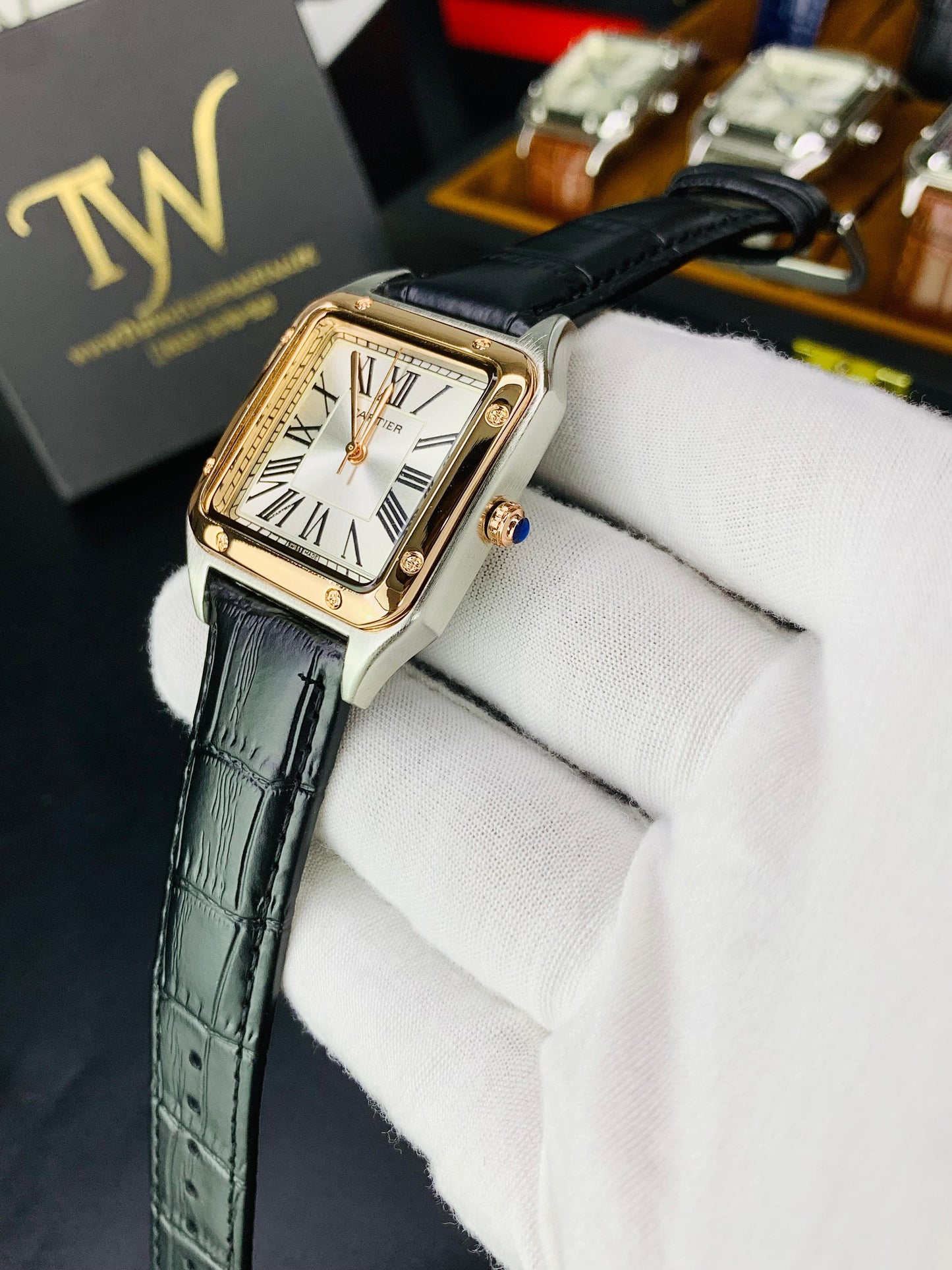 Cartier Santos Black Strap Copper Ring Silver Case