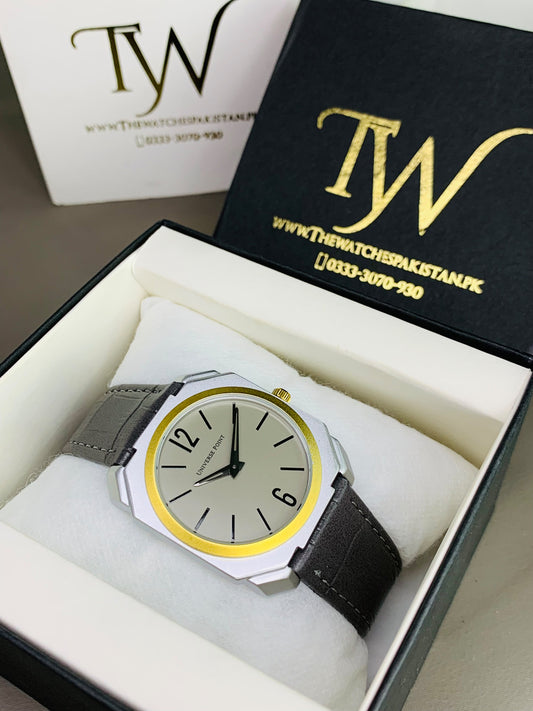 Silver Case Golden Ring Grey Dial & Strap