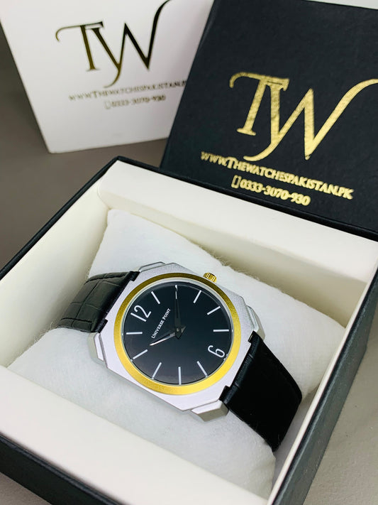 Silver Case Golden Ring Black Strap Watch