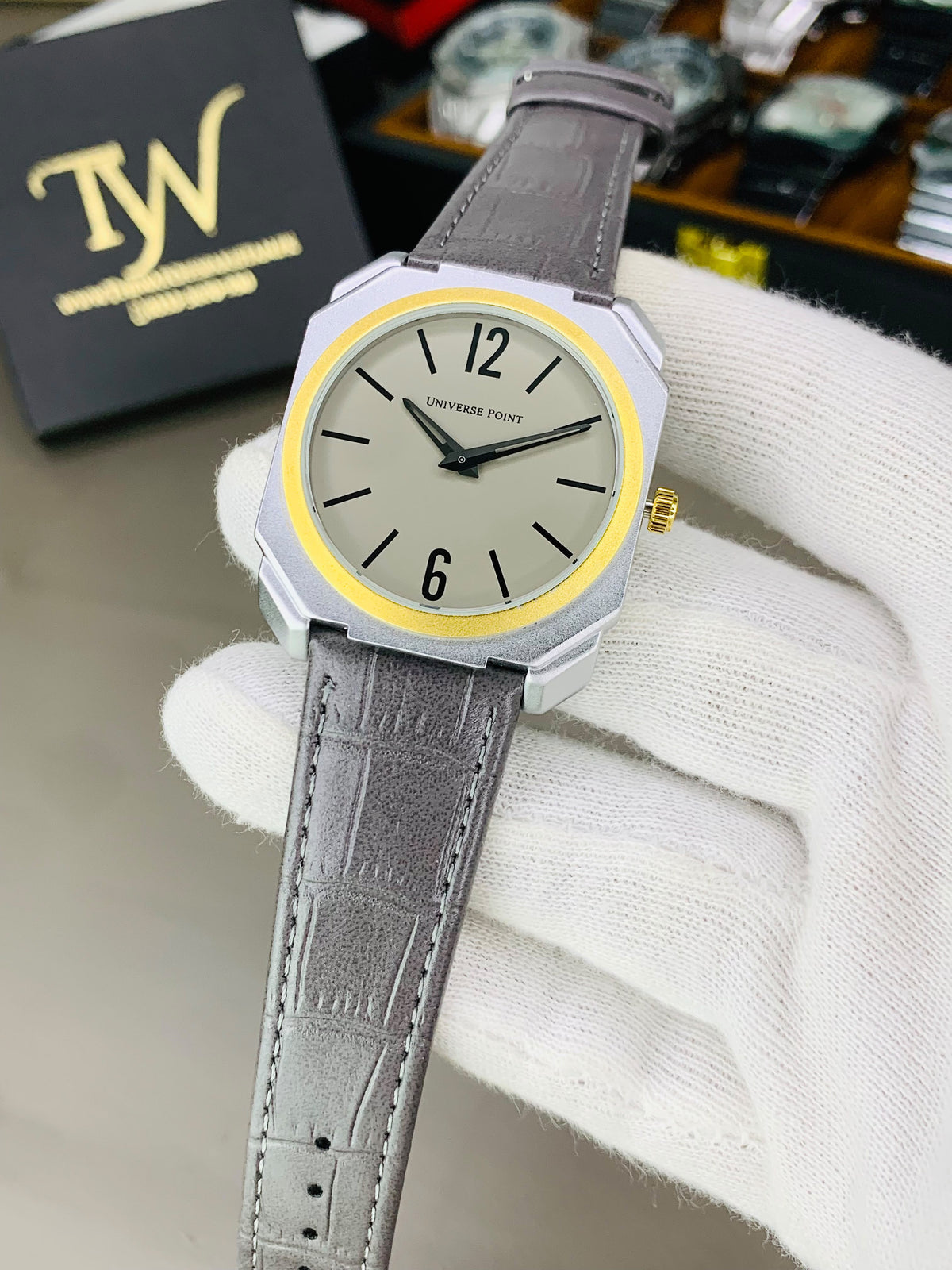 Silver Case Golden Ring Grey Dial & Strap