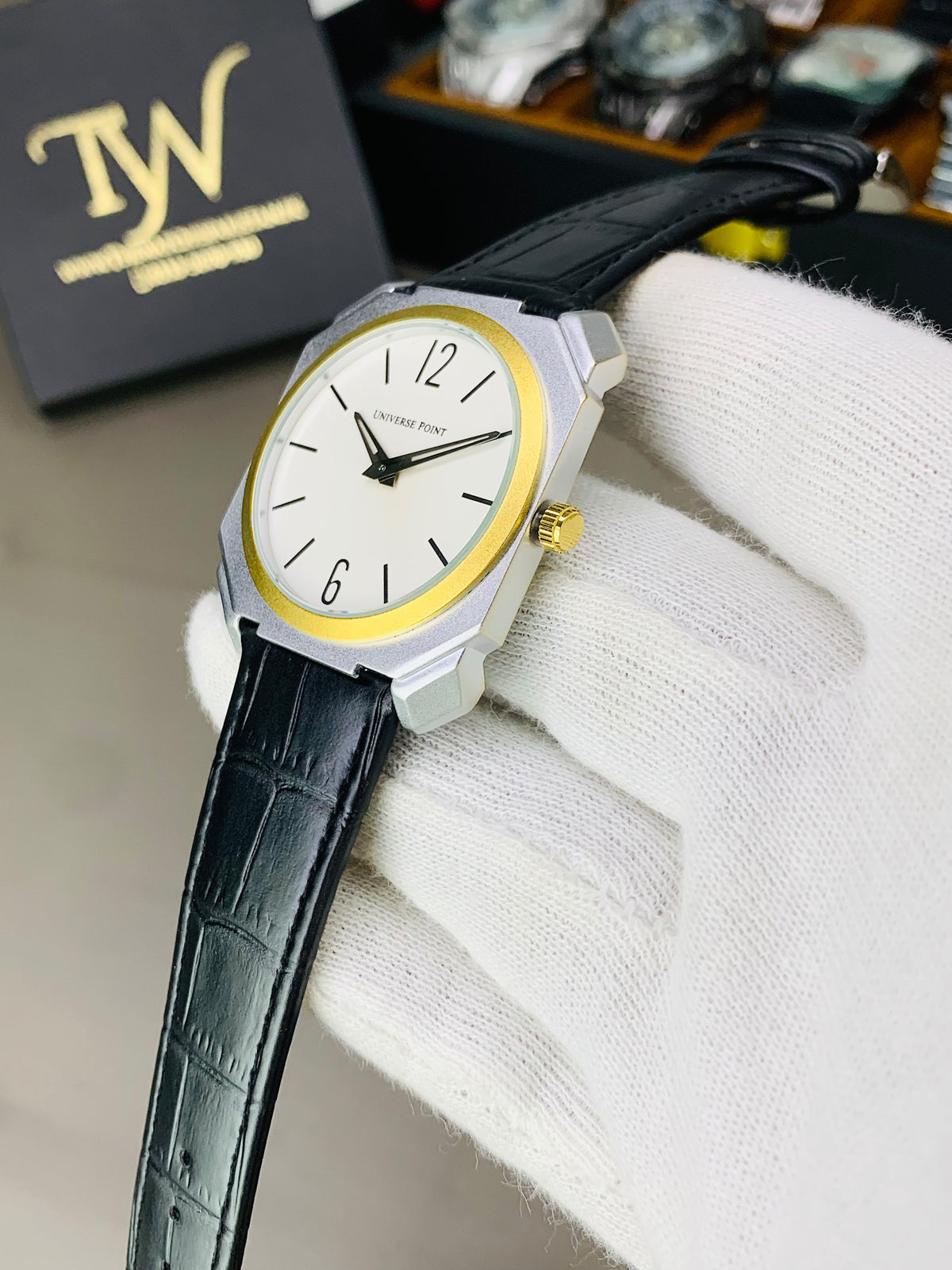 Black Strap Golden Ring White Dial