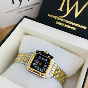 Cartier Square Mini Dial Watch Two Tone Black Dial